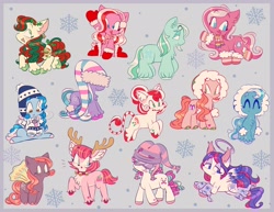 Size: 3040x2350 | Tagged: safe, artist:sidruni, candy cane (g3), chilly breezes, flurry (g1), ice crystal, jolly lolly, marshmellow coco (g3), merry treat, sno-glo, snow'el, snow'el ii, snowflake (g3), toboggan (g3), winter wish, clydesdale, deer, earth pony, flutter pony, pegasus, pony, reindeer, g1, g3, :o, abstract background, antlers, bell, bell collar, bow, bundled up, candy, candy cane, chibi, chocolate, clothes, cloven hooves, collar, cute, female, food, goggles, halo, hat, high res, holly, hood, hot chocolate, leonine tail, male, mare, marshmallow, mittens, mountain boy ponies, mug, open mouth, open smile, reindeerified, ribbon tail, ski goggles, smiling, snow, snowflake, species swap, stallion, swirly tail, tail, tail bow, unshorn fetlocks, winter, winter hat, winter outfit