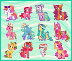 Size: 2048x1719 | Tagged: safe, artist:sidruni, august breeze, baby honolu-loo, beachberry, desert palm, hula hula, island rainbow (g3), pineapple paradise, summer bloom, sunny daze (g3), sweet summertime, tootie tails, tropical delight, earth pony, pegasus, pony, unicorn, g1, g3, abstract background, baby, baby pony, bow, bracelet, braid, braided tail, coat markings, cute, eyeshadow, female, filly, flower, flower in hair, flying, foal, hat, jewelry, looking back, looking up, makeup, mare, necklace, open mouth, open smile, pattern, pearl necklace, pegasus august breeze, race swap, seashell necklace, smiling, socks (coat markings), summer, sun hat, sunglasses, tail, tail bow, tropical ponies, unicorn pineapple paradise, unshorn fetlocks, wave