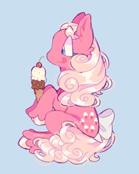 Size: 1096x1370 | Tagged: safe, artist:lemoocado, lickety-split, earth pony, pony, g1, blue background, bow, cherry, cute, female, food, g1 licketybetes, ice cream, ice cream cone, light blue background, mare, simple background, solo, sprinkles, tail, tail bow, that pony sure does love ice cream, tongue out, unshorn fetlocks