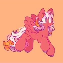 Size: 2048x2034 | Tagged: safe, artist:sidruni, locket (g1), pegasus, pony, twinkle eyed pony, g1, :o, cute, female, flying, high res, locket can fly, locketbetes, mare, o, o mouth, open mouth, orange background, simple background, solo, spread wings, unshorn fetlocks, wings