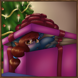 Size: 5000x5000 | Tagged: safe, artist:tai kai, oc, oc only, oc:nightingale, bat pony, pony, blushing, box, christmas, christmas gift, christmas lights, christmas tree, commission, confused, female, holiday, looking at you, pony in a box, pony oc, present, solo, surprised, tree, wondering, ych result