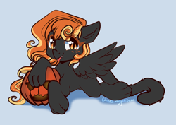 Size: 4961x3508 | Tagged: safe, artist:chaosangeldesu, oc, oc only, cat, cat pony, original species, cat tail, cute, long mane, pumpkin, solo, spread wings, tail, tongue out, wings