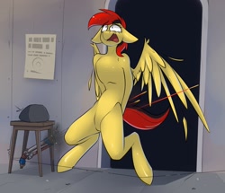 Size: 1920x1650 | Tagged: safe, artist:difis, oc, oc only, oc:golden bullet, pegasus, pony, semi-anthro, fallout equestria, bipedal, crying, featureless chest, featureless crotch, female, gun, gunshot, hurts like a bitch, imminent pain, injured, literal butthurt, mare, pain, pegasus oc, shooting, shot, shotgun, slouching, solo, tail, this ended in pain, this ended in tears, this is going to hurt, trap (device), two toned mane, two toned tail, we don't normally wear clothes, weapon, wings