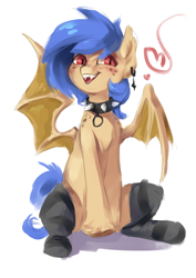 Size: 1240x1748 | Tagged: safe, artist:charlot, oc, oc only, oc:lunar saintly, bat pony, pony, bat pony oc, blue mane, choker, clothes, collar, disguise, disguised changeling, ear piercing, fangs, freckles, heart, piercing, simple background, sitting, slit pupils, smiling, socks, solo, spiked choker, spiked collar, striped socks, white background, wings
