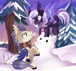 Size: 2970x2771 | Tagged: safe, artist:spookyle, oc, oc:night shield, oc:spectra, bat pony, pony, dhampir, female, high res, male, mare, snow, snowman, snowpony, stallion, winter