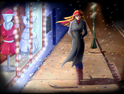 Size: 2300x1750 | Tagged: safe, artist:notaletolivefor, sunset shimmer, human, equestria girls, g4, clothes, coat, female, snow, snowfall, solo, streetlight