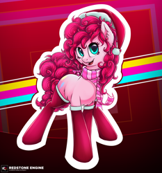Size: 3500x3750 | Tagged: safe, artist:redstoneengine, pinkie pie, earth pony, pony, g4, belly fluff, cheek fluff, chest fluff, christmas, clothes, cute, diapinkes, ear fluff, female, hat, high res, holiday, mare, open mouth, outline, santa hat, scarf, socks, solo, stockings, thigh highs, white outline