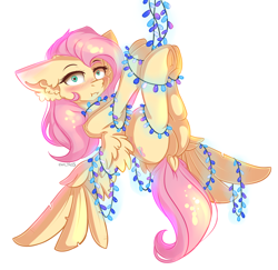 Size: 2592x2516 | Tagged: safe, artist:yuris, fluttershy, pegasus, pony, g4, blushing, bondage, christmas, dock, ears back, embarrassed, featureless crotch, female, frog (hoof), garland, high res, holiday, simple background, solo, spread wings, tail, underhoof, upside down, white background, wings