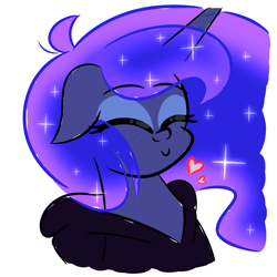 Size: 1300x1300 | Tagged: safe, artist:iceflower99, princess luna, alicorn, pony, gamer luna, g4, clothes, cute, doodle, eyes closed, fanfic, fanfic art, floating heart, floppy ears, freckles, heart, hoodie, lunabetes, missing accessory, simple background, solo, white background