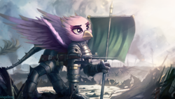 Size: 1920x1080 | Tagged: safe, artist:adagiostring, oc, oc:rosa the ardent, griffon, equestria at war mod, armor, armored gryphon, armored tail, awesome, banner, battlefield, beak, chainmail, cleric, cloud, cloudy, detailed, eyeshadow, female, flag pole, fog, gun, halberd, intersex, knight, makeup, pink fur, plate armor, polearm, rifle, smoke, strawberry duchy, sunlight, talons, tank traps, tree, weapon, wings