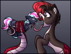 Size: 4000x3000 | Tagged: safe, artist:sadfloorlamp, oc, oc only, oc:torsher, bat pony, hybrid, lamia, original species, pony, snake, colored, countershading, crying, cute, female, female pred, female predator, fetish, forked tongue, high res, hooves, imminent vore, long tongue, looking at each other, looking at someone, male, male prey, mare, multicolored hooves, pale belly, raised hooves, shading, slender, thin, tongue out