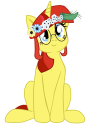 Size: 1429x1920 | Tagged: safe, artist:aaronmk, oc, oc only, oc:lefty pony, 2023 community collab, derpibooru community collaboration, floral head wreath, flower, freckles, glasses, simple background, sitting, solo, transparent background, vector