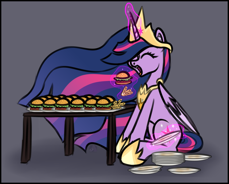Size: 2925x2350 | Tagged: safe, artist:sadfloorlamp, twilight sparkle, alicorn, pony, ^^, burger, cartoon physics, colored, colored wings, concave belly, crown, cute, digestion without weight gain, ear fluff, eating, ethereal hair, ethereal mane, ethereal tail, eyelashes, eyes closed, featured image, female, folded wings, food, frame, french fries, glowing, glowing horn, gray background, hammerspace, hammerspace belly, high res, hoof shoes, horn, jewelry, lightly watermarked, long mane, long tail, magic, magic aura, mare, older, older twilight, open mouth, peytral, plate, princess twilight 2.0, regalia, simple background, sitting, slim, solo, stomach, striped mane, striped tail, stuffing, table, tail, tall, telekinesis, that pony sure does love burgers, thin, twiabetes, twilight burgkle, twilight sparkle (alicorn), two toned wings, wall of tags, watermark, wings