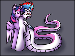 Size: 4000x3000 | Tagged: safe, artist:sadfloorlamp, twilight sparkle, oc, oc:solar eclipse, alicorn, hybrid, lamia, original species, pony, g4, commission, conjoined, gray background, high res, horn, jaw drop, lamiafied, long tail, looking back, male, maw, multiple heads, open mouth, signature, simple background, solo, species swap, tail, teeth, tongue out, twilight sparkle (alicorn), two heads, two heads are better than one, wings