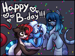 Size: 4050x3050 | Tagged: safe, artist:sadfloorlamp, oc, oc only, oc:opal brona, oc:torsher, oc:triksa, hybrid, pony, birthday, confetti, countershading, cute, eyebrows, eyes closed, female, gradient background, grin, happy birthday, hat, high res, mare, nose piercing, ocbetes, party hat, piercing, plate, ponified, septum piercing, signature, smiling, snake tail, solo, tail, teeth