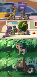 Size: 1555x3242 | Tagged: safe, artist:ciborgen, berrywine, holly breeze, jinx (g5), posey bloom, earth pony, pegasus, pony, unicorn, g5, background pony, bow, clothes, colt, cute, female, filly, flower, foal, hair bow, long neck, lookie uppie, looking up, magnifying glass, male, mare, necc, scarf, silly, silly pony, stretching, tail, tail bow, tractor, unshorn fetlocks, upside down
