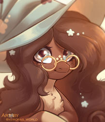 Size: 2300x2650 | Tagged: safe, artist:avroras_world, oc, oc only, earth pony, pony, commission, female, flower, flower in hair, glasses, hat, high res, icon, long hair, long mane, looking at you, mare, smiling, smiling at you, solo, witch hat