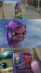 Size: 1830x3224 | Tagged: safe, artist:ciborgen, pipp petals, zipp storm, earth pony, pegasus, pony, g5, angry, background pony, cellphone, female, flaming eyes, frown, headband, insulted, jewelry, lookie uppie, looking up, mare, meme, phone, pipp is short, pipp petals is not amused, rage face, regalia, reporting, this will not end well, tiara, unamused, unnamed character, unnamed pony, unshorn fetlocks