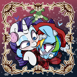 Size: 2200x2200 | Tagged: safe, artist:lou, rainbow dash, rarity, g4, blushing, bust, christmas, clothes, earmuffs, female, grin, hat, high res, holiday, lesbian, looking at each other, looking at someone, mare, mistletoe, santa hat, scarf, ship:raridash, shipping, smiling, smiling at each other