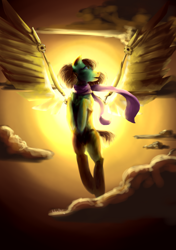 Size: 1748x2480 | Tagged: safe, artist:katara11yue, artist:katarablankart, oc, oc only, earth pony, pony, artificial wings, augmented, cloud, solo, sun, wings