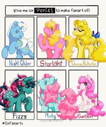 Size: 1714x2048 | Tagged: safe, artist:cupute, dancing butterflies, fizzy, minty, night glider (g1), starlight (g1), sweetheart, earth pony, pegasus, pony, unicorn, g1, g3, female, six fanarts