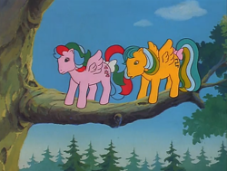 Size: 634x480 | Tagged: safe, screencap, masquerade (g1), whizzer, pegasus, pony, fugitive flowers, g1, my little pony 'n friends, bow, duo, female, mare, tail, tail bow, tree, tree branch