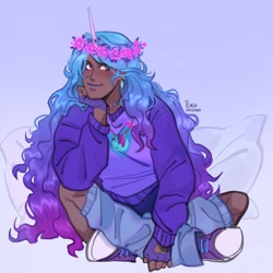 Size: 1440x1440 | Tagged: safe, artist:peachmichea, izzy moonbow, human, g5, clothes, converse, dark skin, female, flower, flower in hair, horn, horned humanization, humanized, jewelry, leg warmers, shoes, sitting, solo, sweatshirt