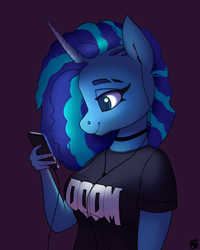 Size: 2000x2500 | Tagged: safe, artist:naen, misty brightdawn, unicorn, anthro, plantigrade anthro, g5, choker, clothes, doom, earbuds, eyebrow slit, eyebrows, female, high res, mare, nose piercing, nose ring, phone, piercing, shirt, simple background, smiling, solo, t-shirt