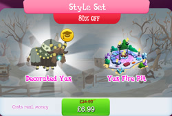 Size: 1264x856 | Tagged: safe, gameloft, yohimbine, yak, g4, my little pony: magic princess, background character, background yak, bundle, bush, cloven hooves, costs real money, crystal, english, fire, hair over eyes, horns, male, numbers, sale, solo, style set, tail, tail wrap, text, torch