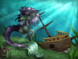 Size: 2000x1500 | Tagged: safe, artist:chvrchgrim, oc, oc:nixie, kelpie, monster pony, pony, black sclera, detailed background, ear fins, female, fins, fish tail, looking up, mermaid tail, ocean, pirate ship, purple hair, sea monster, sharp teeth, shipwreck, solo, tail, teeth, underwater, water, wet, wet mane