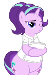 Size: 4500x6496 | Tagged: safe, alternate version, artist:mrvector, derpibooru exclusive, starlight glimmer, pony, unicorn, g4, absurd resolution, alternate hairstyle, bedroom eyes, bipedal, chubby, clothes, cute, female, glimmerbetes, hind legs, legs together, lidded eyes, mare, one eye closed, paper, simple background, smiling, solo, suit, the ass was fat, transparent background, wide hips, wink