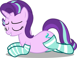 Size: 4537x3435 | Tagged: safe, artist:mrvector, derpibooru exclusive, starlight glimmer, pony, unicorn, g4, chubby, clothes, cute, eyes closed, female, glimmerbetes, high res, lying down, mare, simple background, smiling, socks, solo, striped socks, transparent background, vector