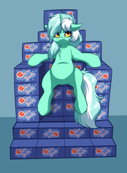 Size: 2616x3560 | Tagged: safe, artist:witchtaunter, lyra heartstrings, pony, unicorn, g4, belly, box, chest fluff, commission, ear fluff, female, floppy ears, food, high res, l.u.l.s., looking at you, meme, oats, simple background, sitting, sitting lyra, soda, solo, that pony sure does love oats, throne