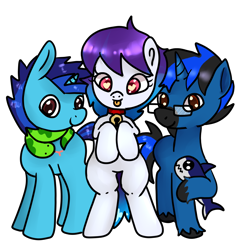 Size: 2480x2584 | Tagged: safe, artist:anykoe, derpibooru exclusive, oc, oc only, oc:anykoe, oc:dial liyon, oc:meem, earth pony, pony, shark, snake, unicorn, 2023 community collab, derpibooru community collaboration, bell, bell collar, bipedal, collar, colt, cute, female, filly, foal, heart, heart eyes, high res, male, plushie, simple background, tongue out, transparent background, trio, wingding eyes
