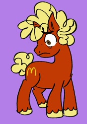 Size: 366x524 | Tagged: safe, artist:beejoco, oc, oc only, oc:mcpony, earth pony, pony, cutie mark, male, mcdonald's, solo, terrified