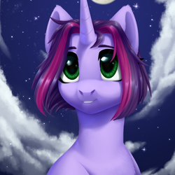 Size: 2000x2000 | Tagged: safe, artist:nika-rain, oc, oc only, oc:twilight garrison, pony, unicorn, cloud, cute, female, high res, moon, night, solo, stars