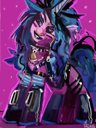 Size: 767x1024 | Tagged: safe, artist:turbinedivinity, izzy moonbow, pony, unicorn, g5, alternate hairstyle, belts, boots, choker, collar, ear piercing, earring, eyeshadow, face paint, goth, goth izzy, harness, head tilt, jewelry, leather, lipstick, lock, looking offscreen, makeup, nose piercing, nose ring, padlock, piercing, punk, scene, shoes, spiked choker, tack