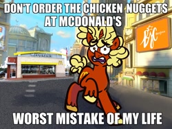 Size: 2000x1500 | Tagged: safe, artist:beejoco, oc, oc only, oc:mcpony, pony, caption, city, image macro, impact font, male, mcdonald's, meme, solo, terrified, text