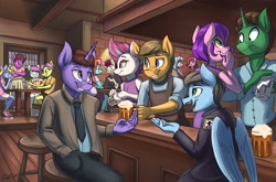 Size: 2047x1347 | Tagged: safe, artist:kaylerustone, dahlia, fifi (g5), jazz hooves, pipp petals, posey bloom, rocky riff, sugar moonlight, windy, zipp storm, pegasus, unicorn, anthro, g5, adorapipp, alcohol, bar, beer, carla, cheers, cliff claven, commission, crossover, cute, female, male, norm peterson, sam molone, woody boyed