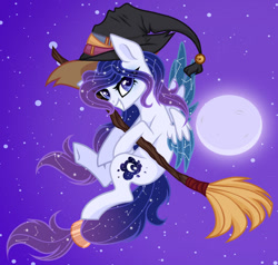 Size: 600x570 | Tagged: safe, artist:existencecosmos188, oc, oc only, pegasus, pony, broom, constellation, constellation hair, ethereal mane, female, flying, flying broomstick, full moon, grin, hat, mare, moon, smiling, solo, starry mane, witch hat