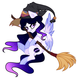 Size: 1466x1496 | Tagged: safe, artist:existencecosmos188, oc, oc only, pegasus, pony, broom, colored wings, commission, ethereal mane, female, flying, flying broomstick, hat, mare, simple background, solo, starry mane, transparent background, two toned wings, wings, witch hat, ych result
