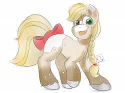 Size: 2732x2048 | Tagged: safe, artist:eledraws99, applejack, earth pony, pony, g4, appaloosa, bow, braid, coat markings, female, high res, mare, redesign, simple background, smiling, solo, tail, tail bow, unshorn fetlocks, white background