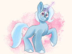 Size: 2732x2048 | Tagged: safe, artist:eledraws99, trixie, pony, unicorn, g4, female, glowing, glowing horn, high res, horn, mare, missing cutie mark, raised hoof, smiling, solo, unshorn fetlocks