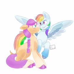 Size: 3000x3000 | Tagged: safe, artist:eledraws99, rainbow dash, sunny starscout, earth pony, pegasus, pony, g4, g5, duo, duo female, female, high res, lesbian, looking at each other, looking at someone, mare, ship:sunnydash, shipping, simple background, spread wings, unshorn fetlocks, white background, wings