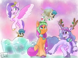 Size: 2732x2048 | Tagged: safe, artist:eledraws99, izzy moonbow, pipp petals, sunny starscout, armadillo, earth pony, pegasus, pony, unicorn, g5, abstract background, adorapipp, antlers, braid, braided ponytail, candy, candy cane, clothes, colored wings, cute, female, floral head wreath, flower, flying, food, glowing, glowing horn, happy, hat, high res, horn, izzybetes, magic, magic aura, mare, open mouth, open smile, ponytail, scarf, sitting, smiling, snow, spread wings, sunnybetes, telekinesis, trio, trio female, unshorn fetlocks, wings, winter hat