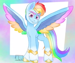 Size: 2424x2043 | Tagged: safe, artist:eledraws99, rainbow dash, pegasus, pony, g4, g5, colored wings, female, g4 to g5, generation leap, high res, mare, multicolored wings, rainbow wings, smiling, smirk, solo, spread wings, unshorn fetlocks, wings