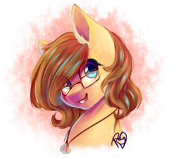 Size: 1156x1044 | Tagged: safe, artist:prettyshinegp, oc, oc only, earth pony, pony, abstract background, bust, earth pony oc, glasses, jewelry, necklace, signature, smiling, solo