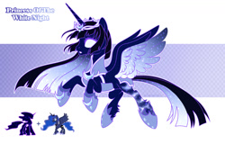 Size: 1280x819 | Tagged: safe, artist:elberas, princess luna, tantabus, alicorn, pony, g4, blank eyes, chestplate, circlet, concave belly, ethereal mane, flying, fusion, hime cut, hoof shoes, slender, starry mane, starry tail, starry wings, tail, thin, white eyes, wings