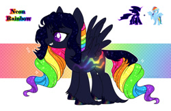 Size: 1280x828 | Tagged: safe, artist:elberas, rainbow dash, tantabus, pegasus, pony, g4, cute, cute little fangs, ethereal mane, fangs, fusion, grin, multicolored hair, rainbow hair, rearing, smiling, standing, starry mane, starry tail, tail, unshorn fetlocks