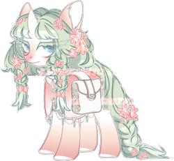 Size: 1009x932 | Tagged: safe, artist:kawaiighetto, oc, oc only, pony, unicorn, bag, braid, braided tail, female, flower, flower in hair, horn, mare, saddle bag, simple background, solo, tail, transparent background, unicorn oc
